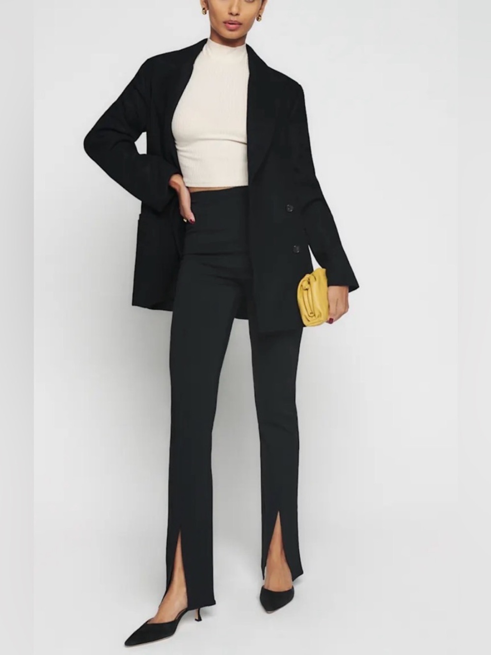 Reformation Black Fletcher Pants with Front Split Hem